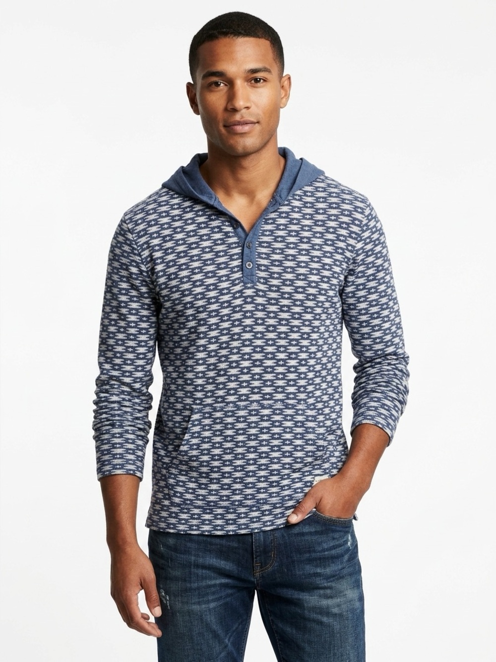 Modern Amusement Men’s Henley Hoodie — Blue Gray Pullover (M) — Streetwear
